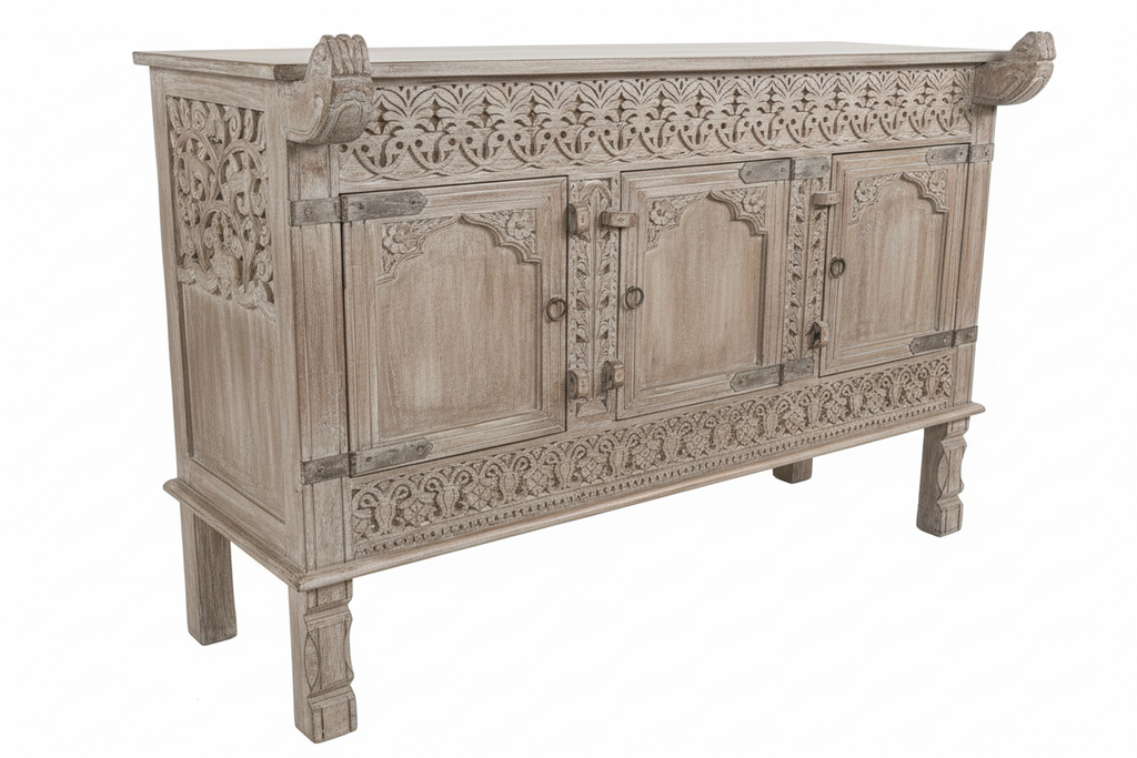 Whitewash three-door sideboard – 45-degree angle white background