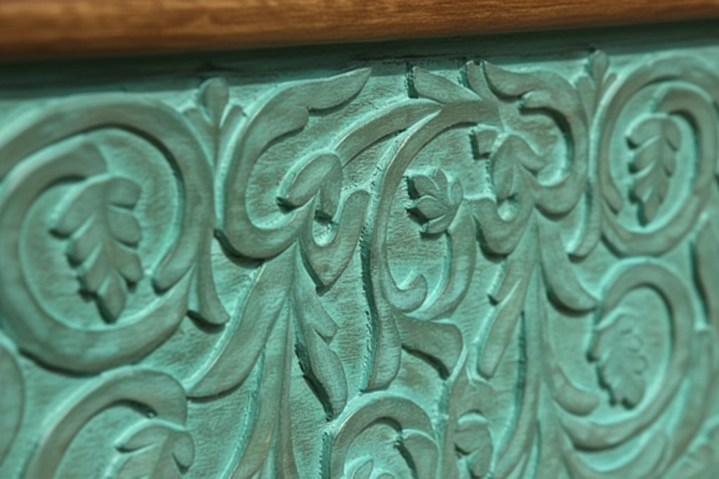 Hand-carved turquoise mango wood storage trunk – carving close-up detail white background