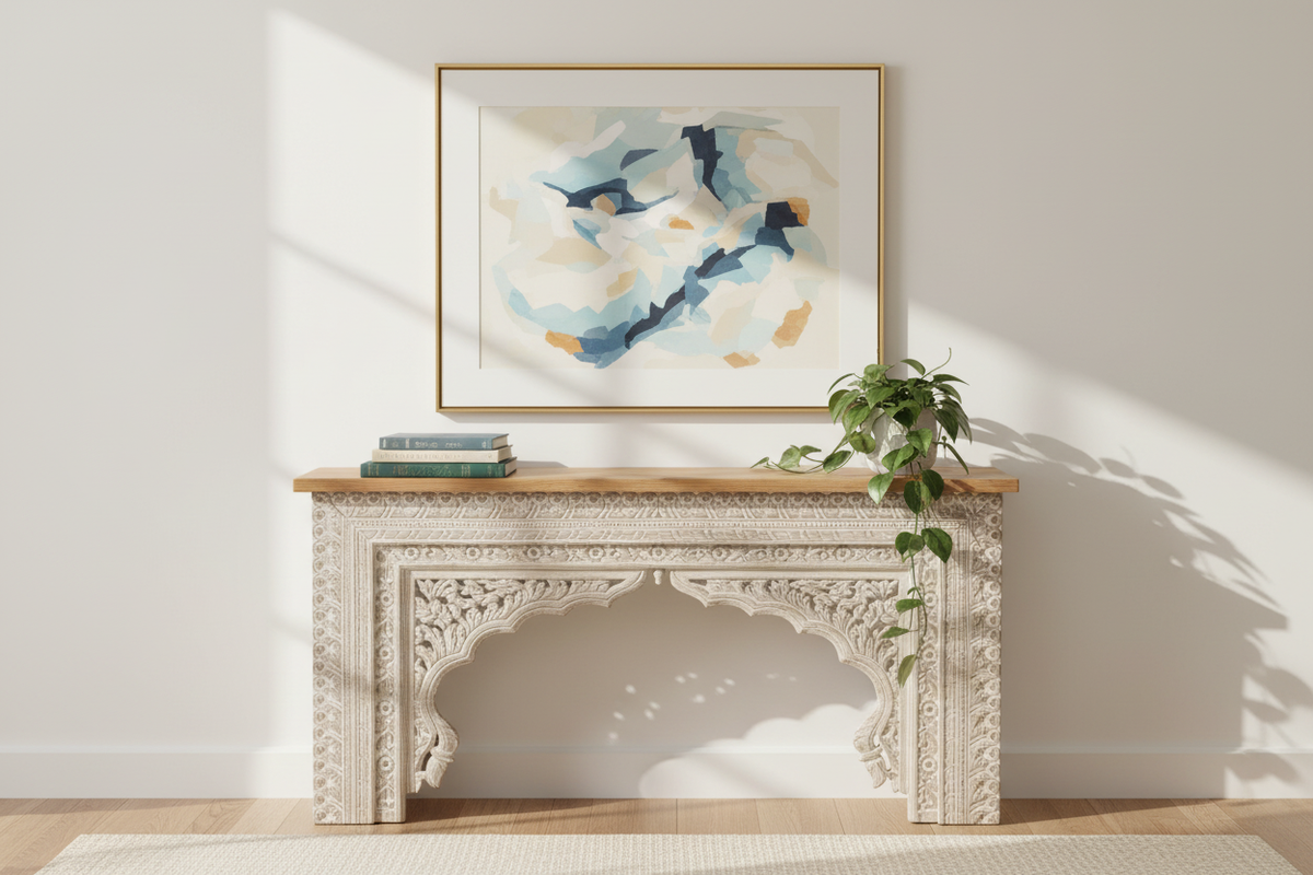 Hand-carved whitewash Mughal arch console table – styled in bright airy living room