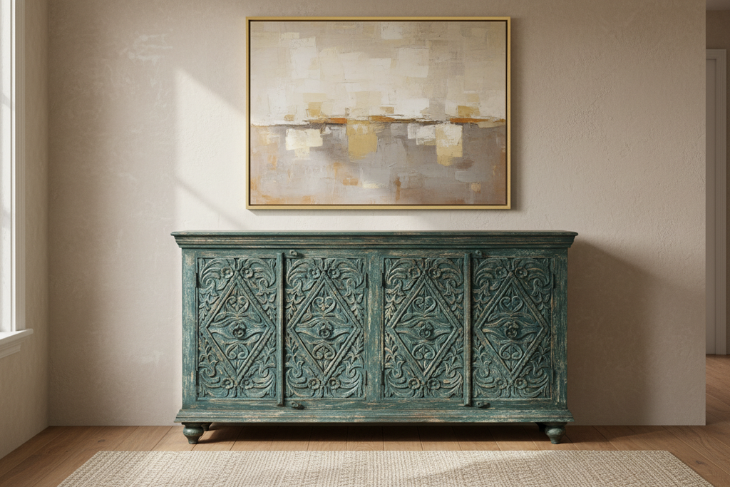 Hand-carved teal diamond sideboard – front hero in warm dining room