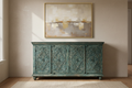 Hand-carved teal diamond sideboard – front hero in warm dining room