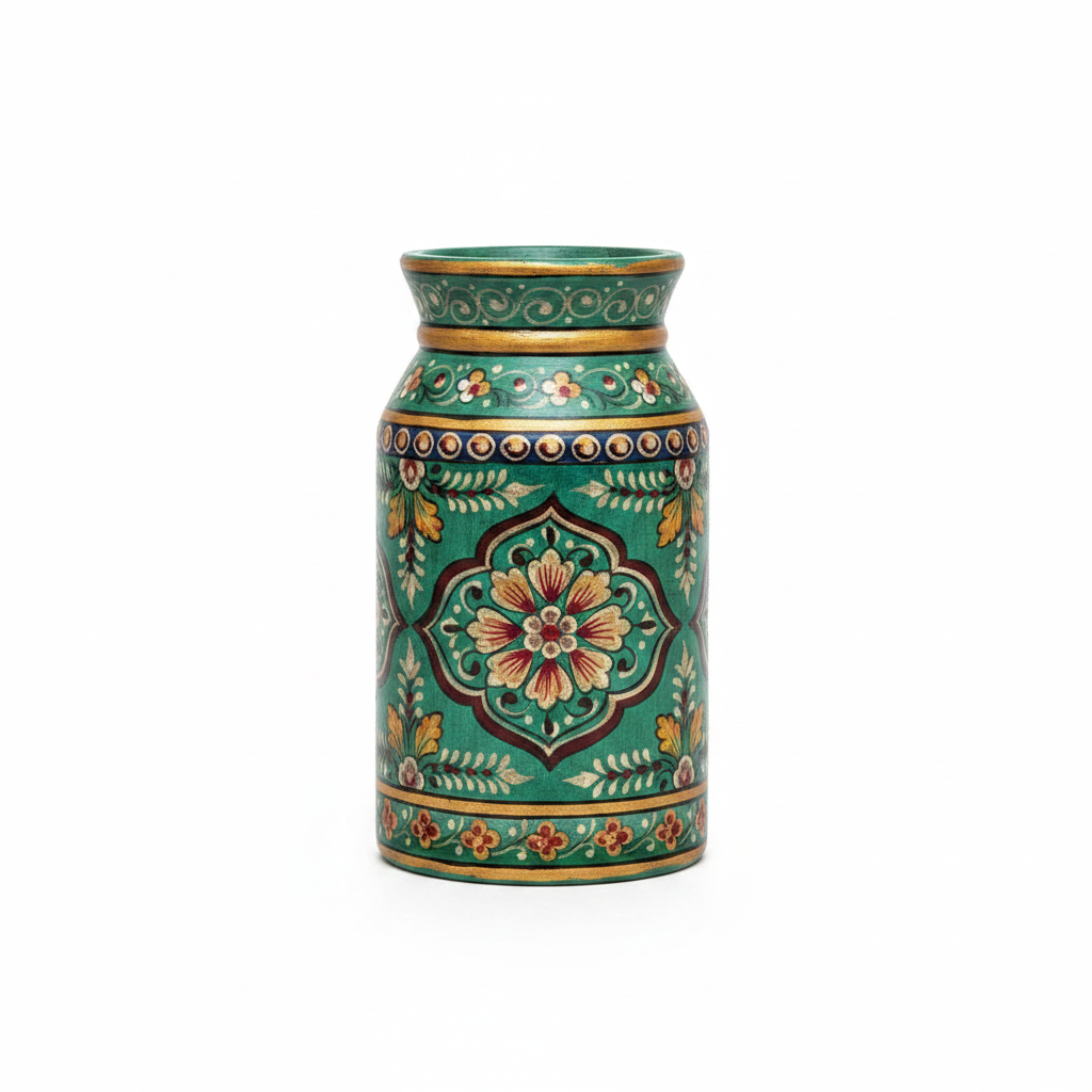 Teal Rajasthani milk pot vase – front view white background