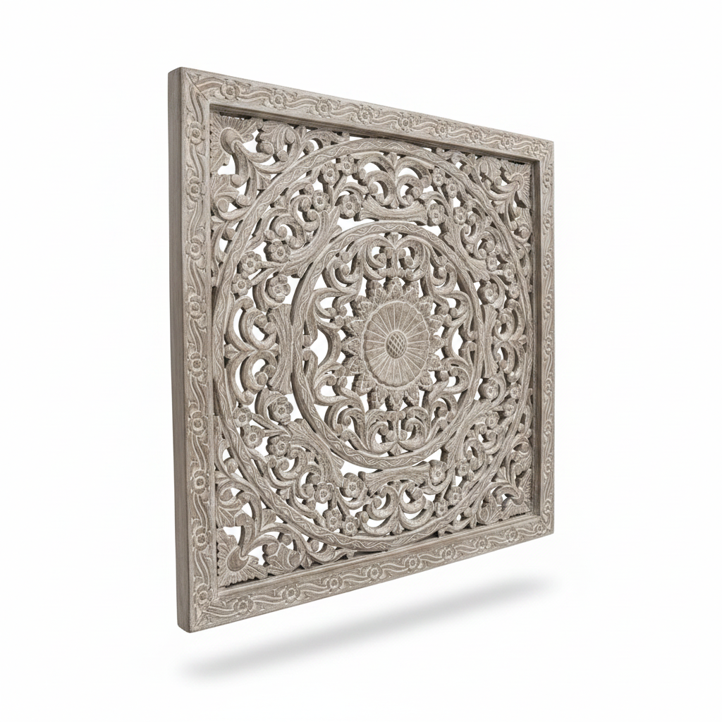 Hand-carved grey-silver jali mandala wall panel – elevated three-quarter white background