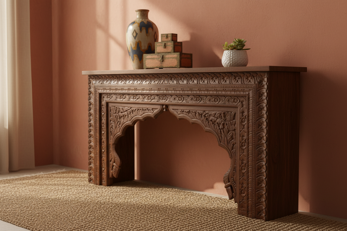 Hand-carved Mughal arch console table – left angle in bohemian living room