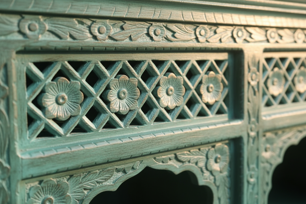Close-up of hand-carved open geometric lattice fretwork on turquoise drawer front