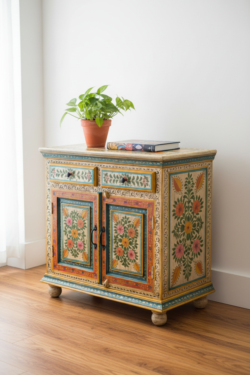 Hand-painted Rajasthani cabinet – right angle styled with plant and books
