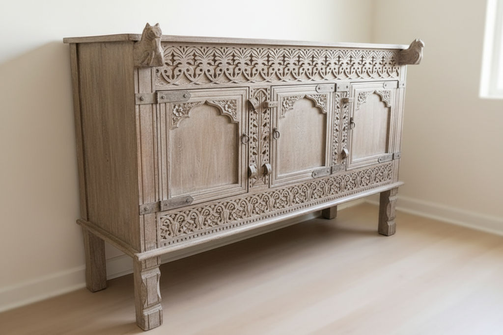 Whitewash three-door sideboard – 45-degree angle showing horse frieze corner and arch door detail