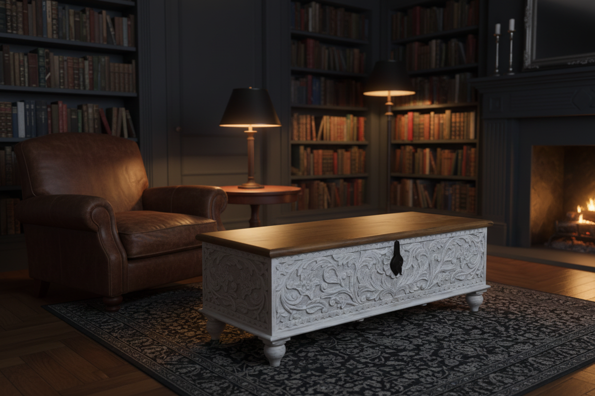 Hand-carved whitewash storage trunk – elevated angle in moody library