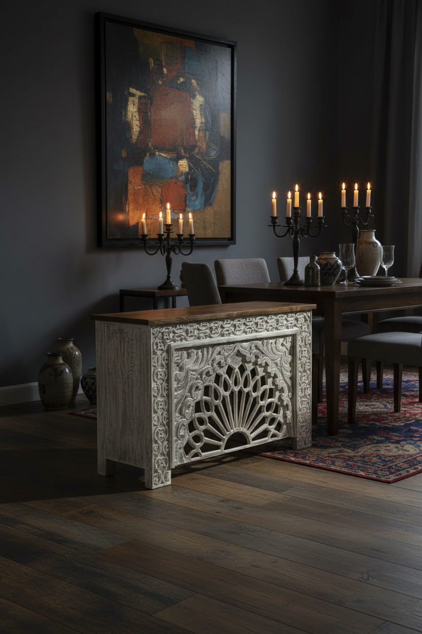 Hand-carved whitewash sunburst cabinet – elevated three-quarter in moody dining room