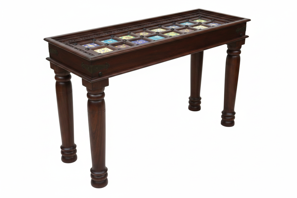 Blue Pottery console table – 45-degree angle white background