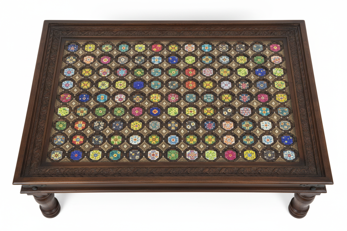 Jharokha coffee table – top-down view white background showing full enamel roundel surface