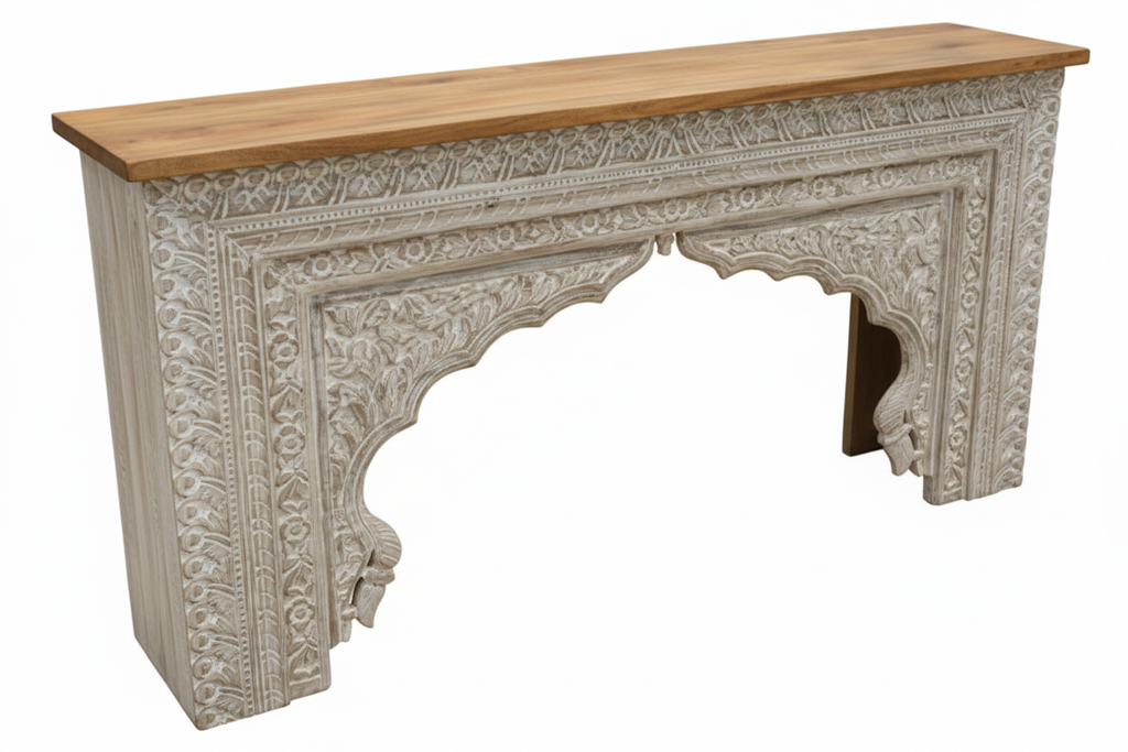 Hand-carved whitewash Mughal arch console table – elevated three-quarter white background
