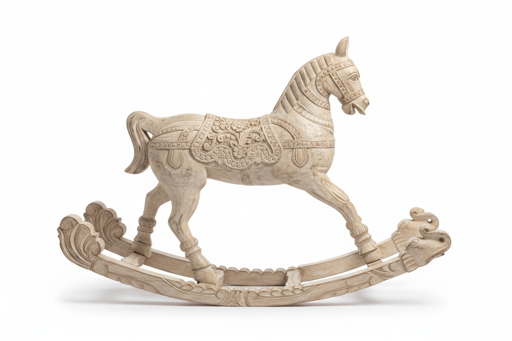 Hand-carved antique whitewash rocking horse – side profile white background