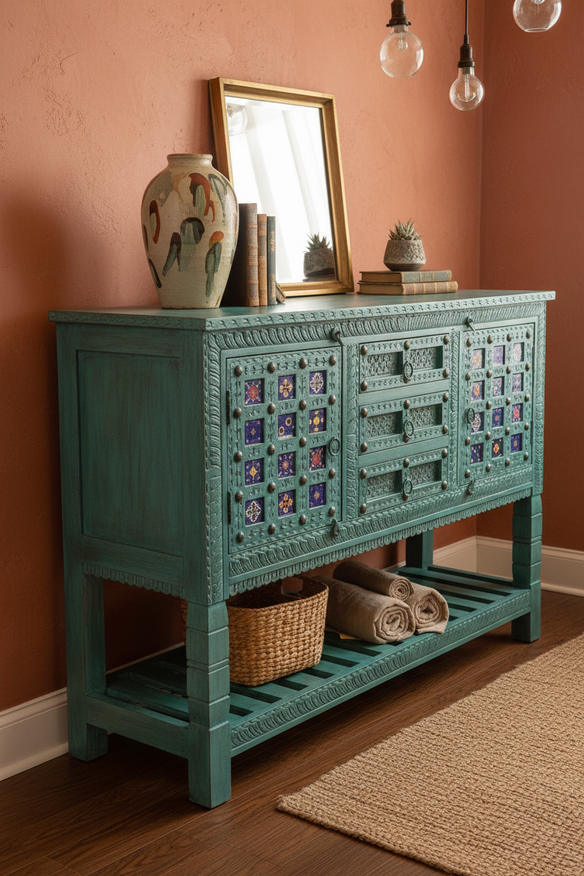 Hand-carved turquoise sideboard with ceramic tile inlays – left angle in bohemian dining room
