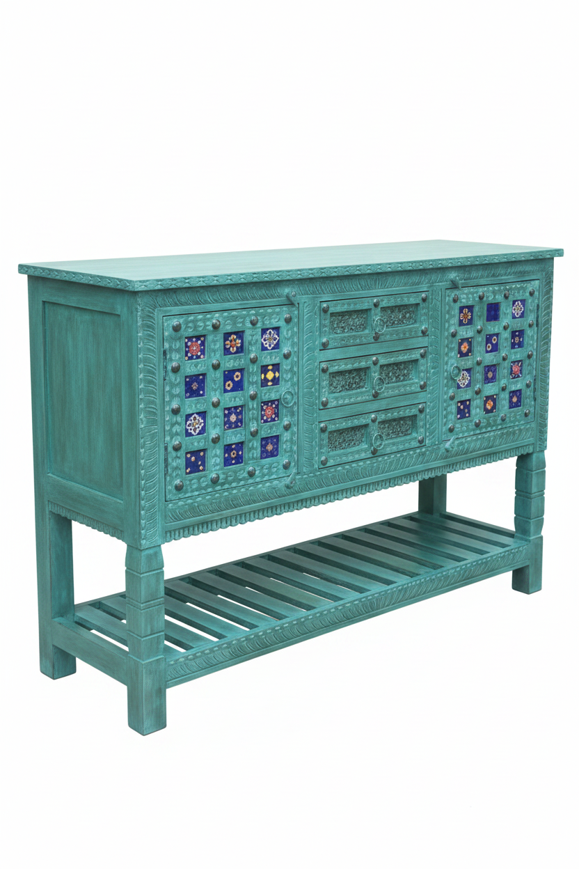 Hand-carved turquoise sideboard with ceramic tile inlays – left angle white background