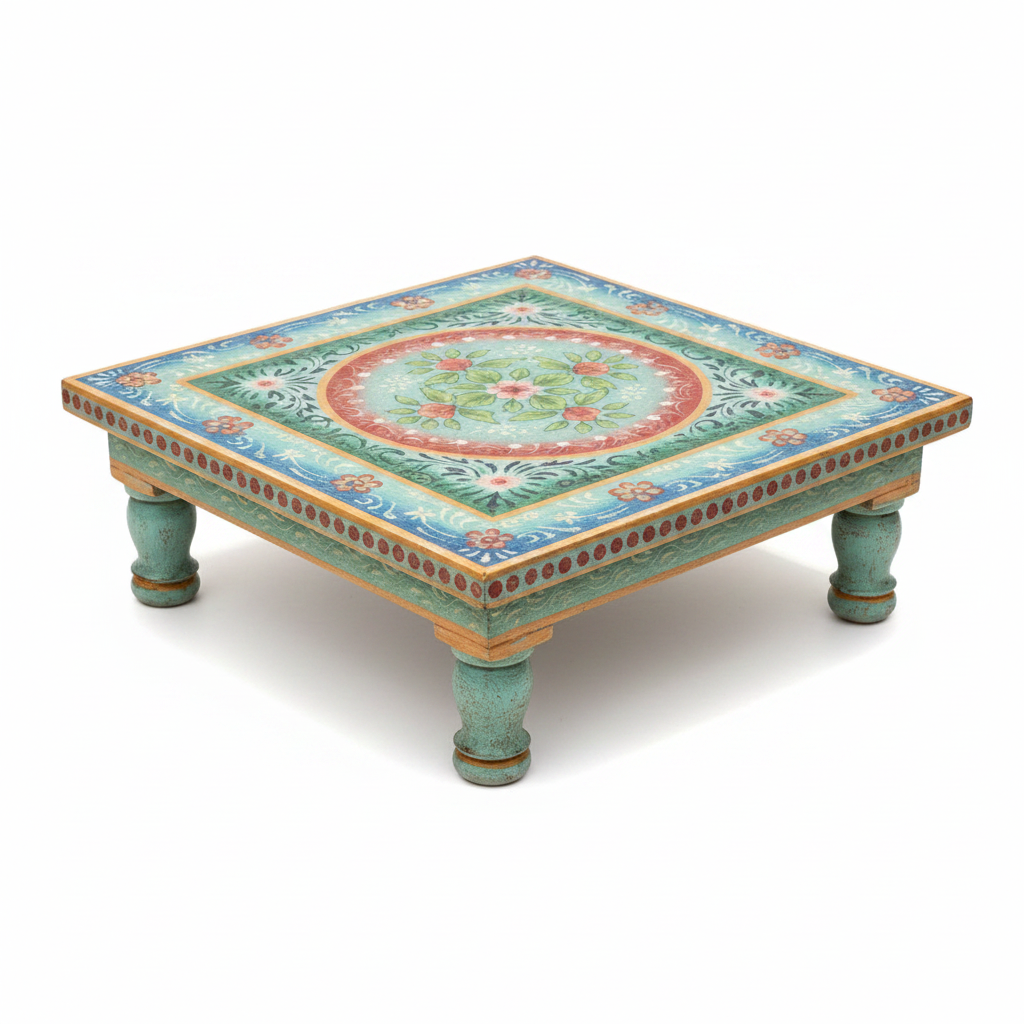 Hand-painted teal Bajot low table – white background