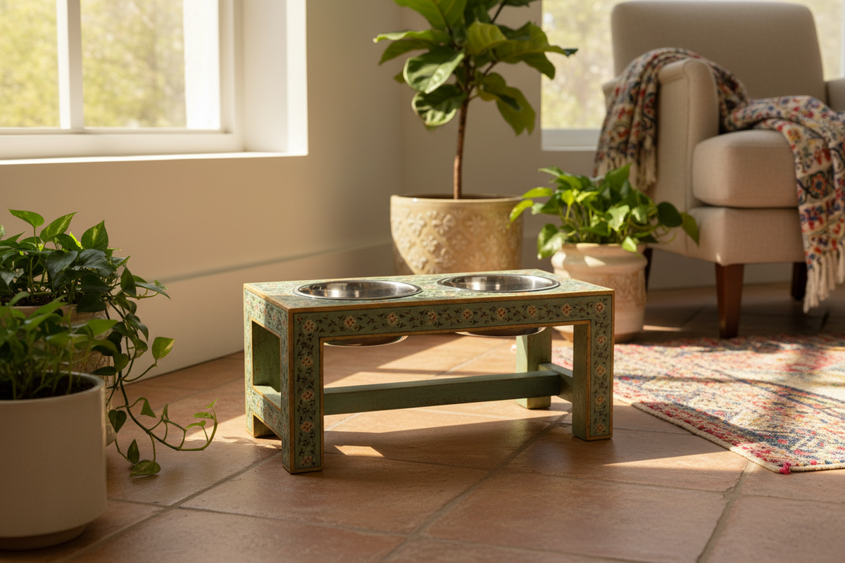 Sage green Rajasthani dog bowl stand in eclectic living room corner on terracotta tiles