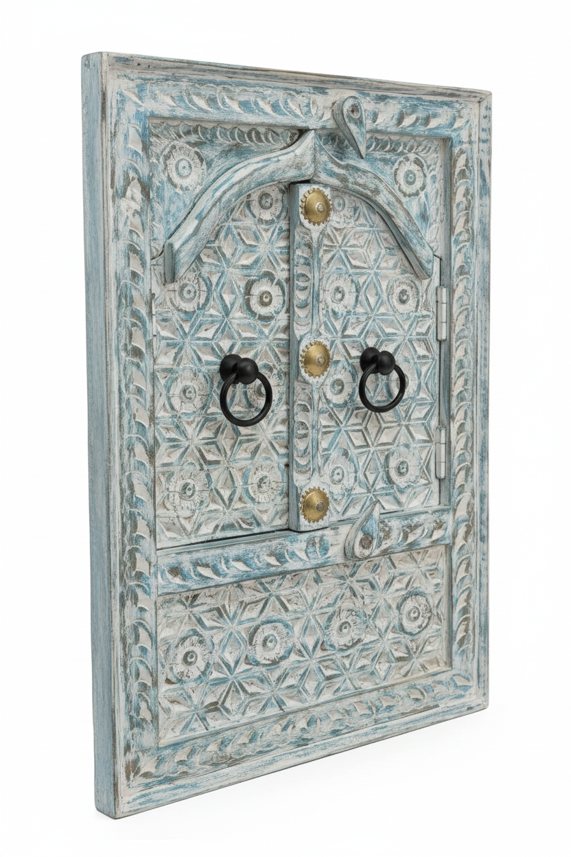 Blue-grey teal Jharokha mirror – elevated three-quarter white background