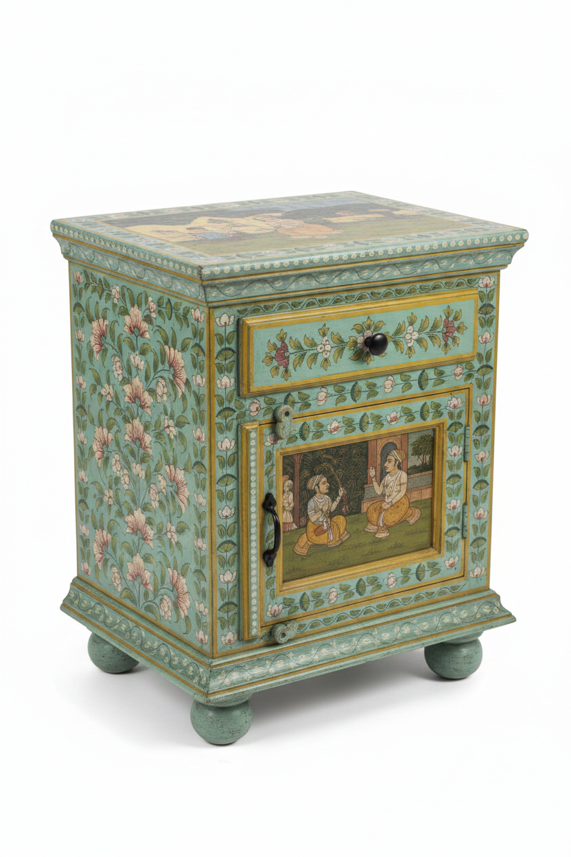 Mughal miniature teal cabinet – elevated three-quarter white background