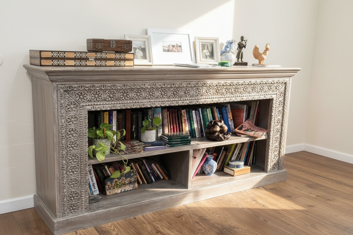 Hand-carved grey whitewash open bookcase console – styled in bright home study