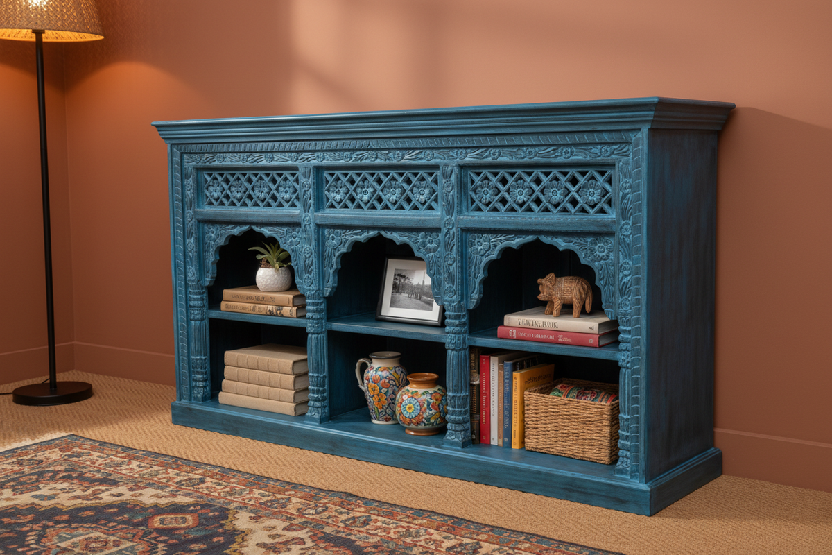 Hand-carved cobalt blue triple arch media console – left angle in bohemian living room