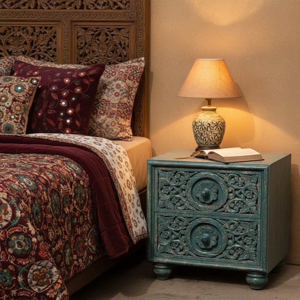 Teal two-drawer bedside chest – hero as bedside table in Rajasthani-inspired bedroom
