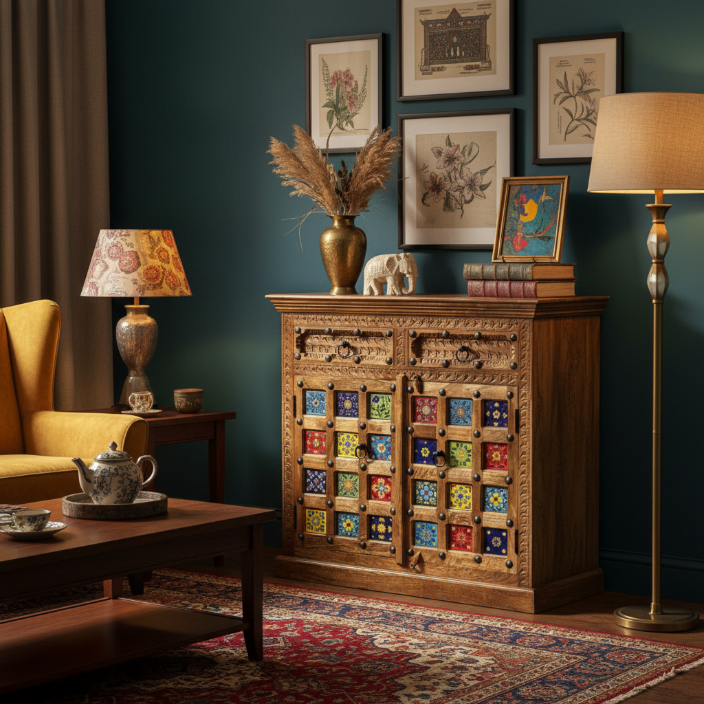 Blue Pottery tile sideboard – eclectic dark-walled living room with art objects on top