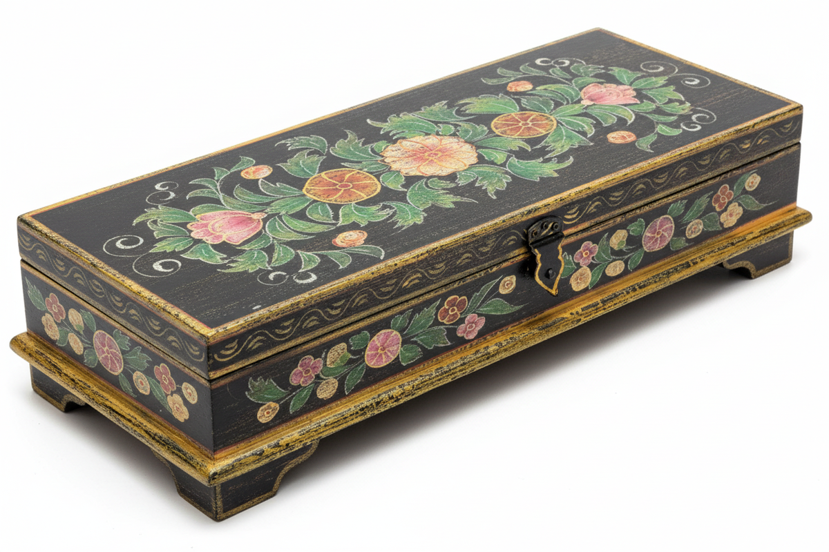 Hand-painted black and gold mango wood medallion floral keepsake box 3/4 angle on white background