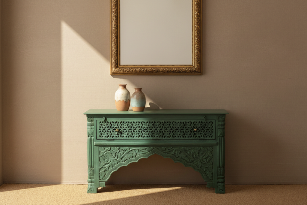 Hand-carved sage green console table – hero front view in elegant entryway