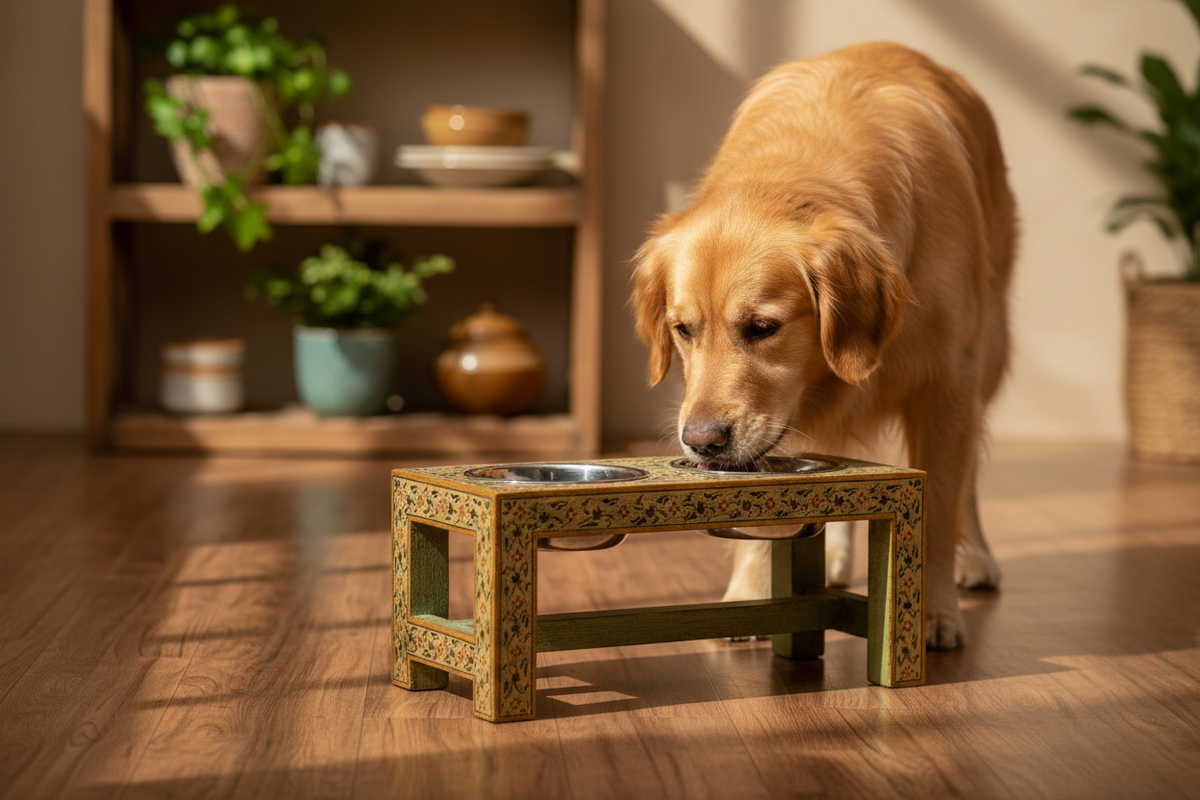 Butter yellow Rajasthani dog bowl stand with golden retriever eating, warm timber kitchen