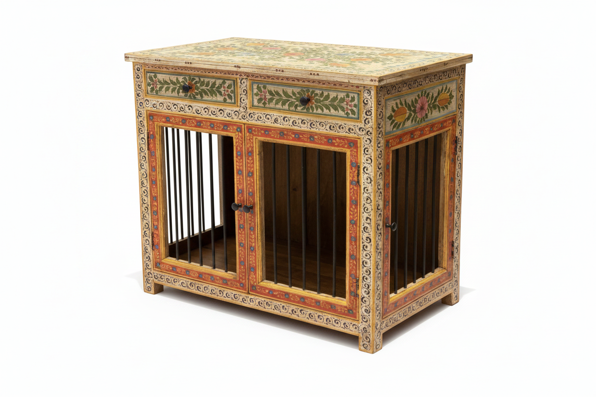 Ivory spiral vine Rajasthani dog kennel 3/4 front angle on white background