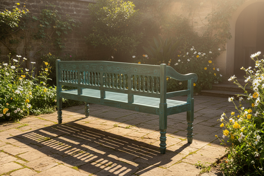 Hand-carved dark teal mango wood bench – rear angle showing carved back in garden courtyard