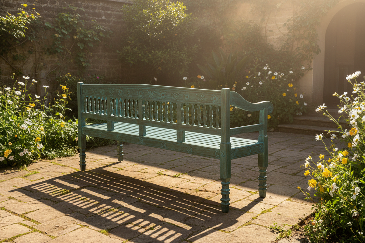 Hand-carved dark teal mango wood bench – rear angle showing carved back in garden courtyard