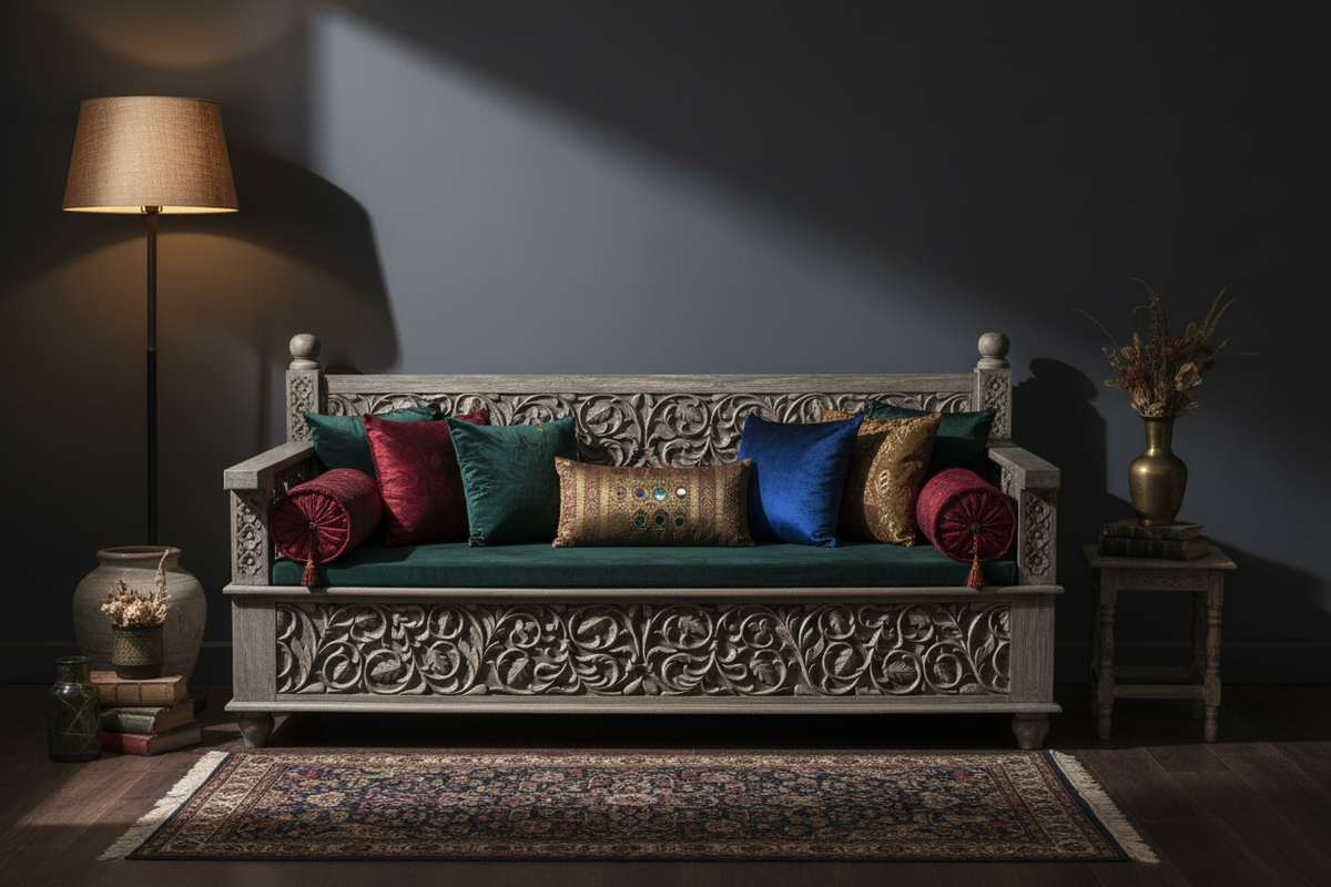 Rajasthani daybed bench – moody eclectic room with coloured cushions