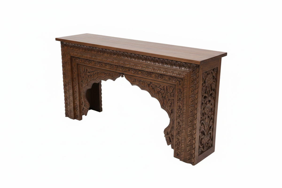 Hand-carved Mughal arch console table – elevated three-quarter white background