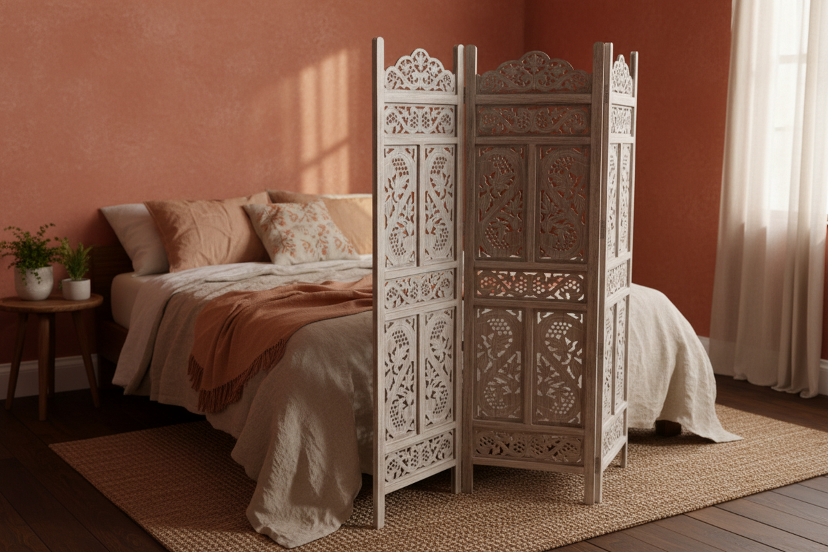 Whitewash floral vine room divider – accordion fold in bohemian bedroom