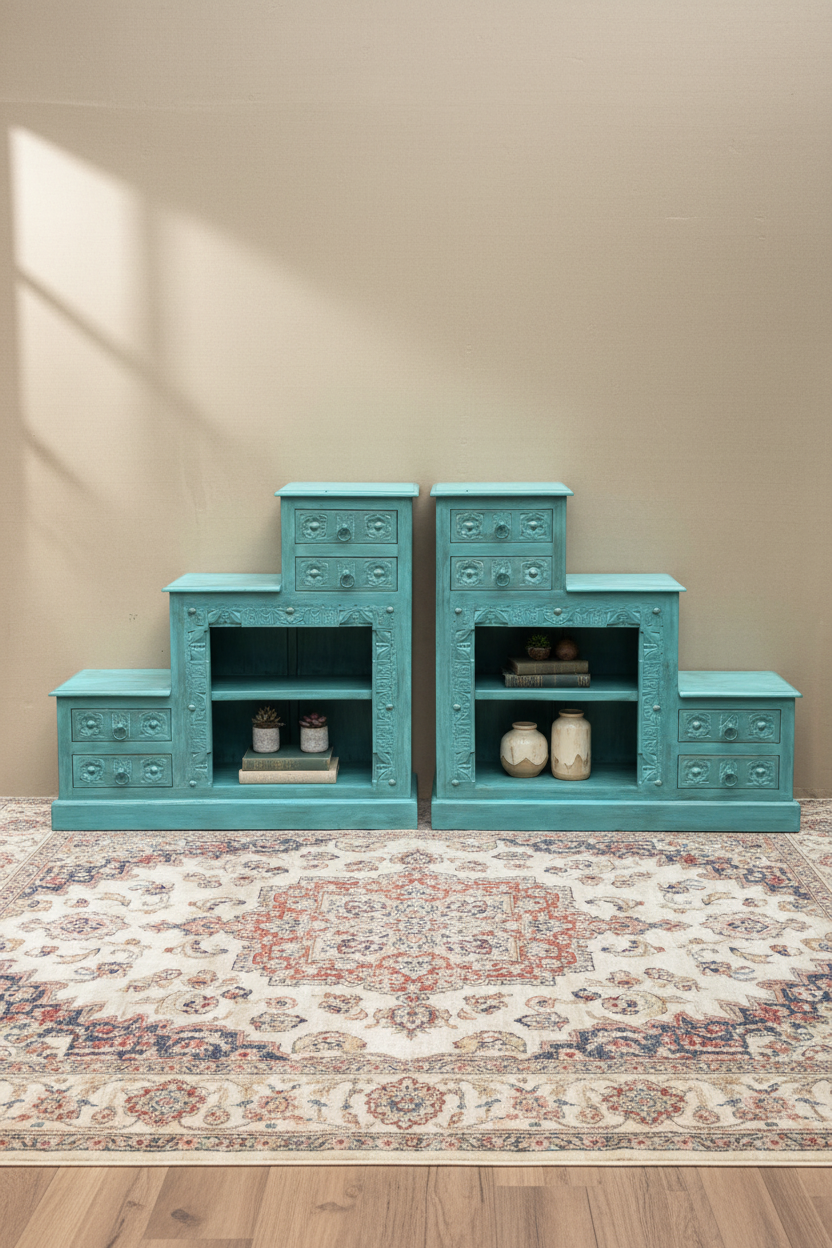 Hand-carved turquoise stepped bookcase – front hero in warm living room