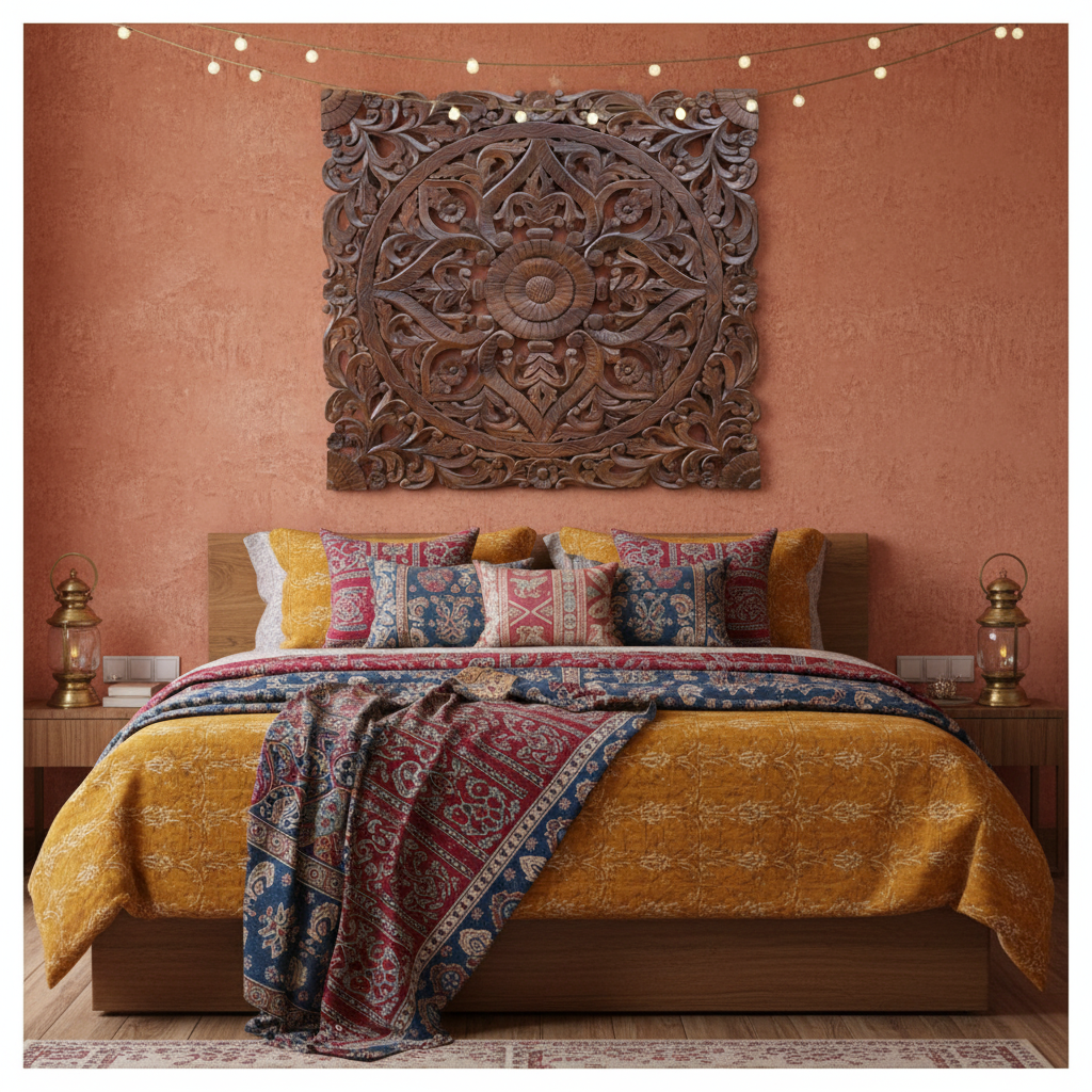 Dark wood mandala wall panel II – Rajasthani bedroom above bed