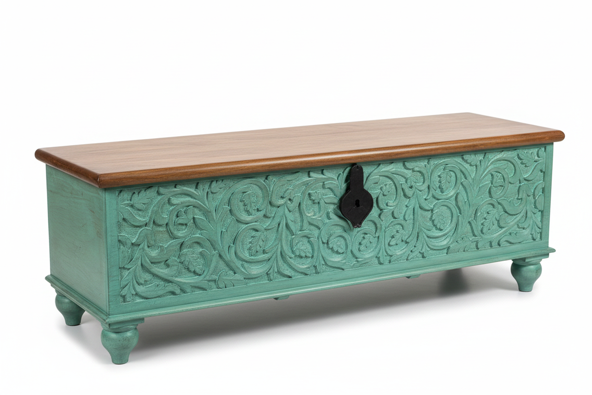 Hand-carved turquoise mango wood storage trunk – front view white background