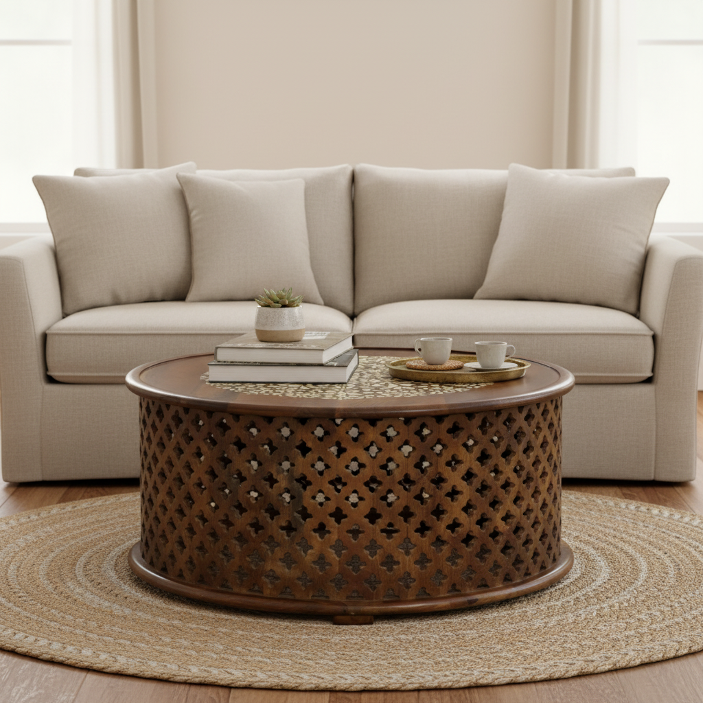Bone inlay drum coffee table – hero in warm living room