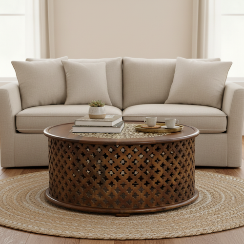 Bone inlay drum coffee table – hero in warm living room