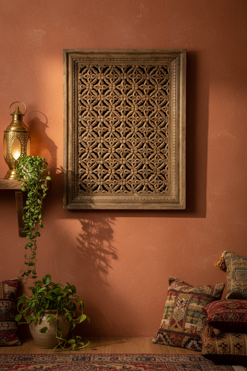 Antique grey-silver framed jali wall panel – terracotta wall in bohemian room