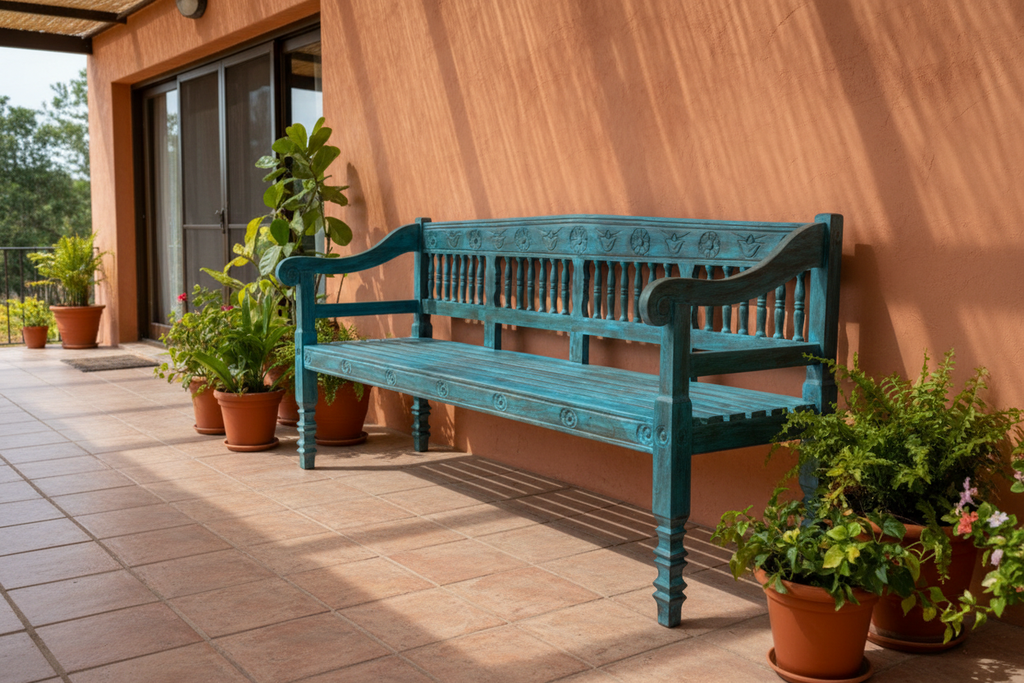 Hand-carved turquoise mango wood bench – left angle on covered outdoor terrace