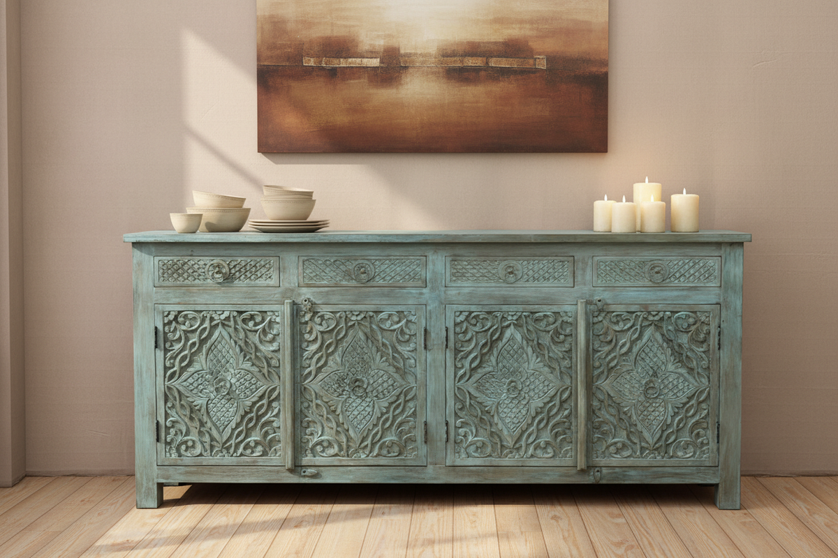 Hand-carved sage teal sideboard – front hero in warm elegant dining room