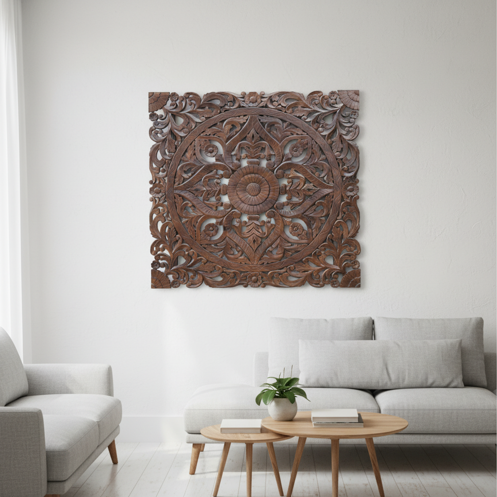 Dark wood mandala wall panel II – minimalist white wall focal point