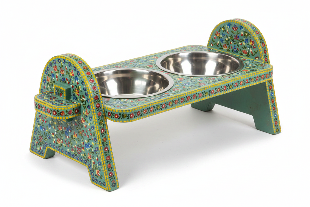 Sage teal arch-leg Rajasthani dog bowl stand 3/4 front angle on white background