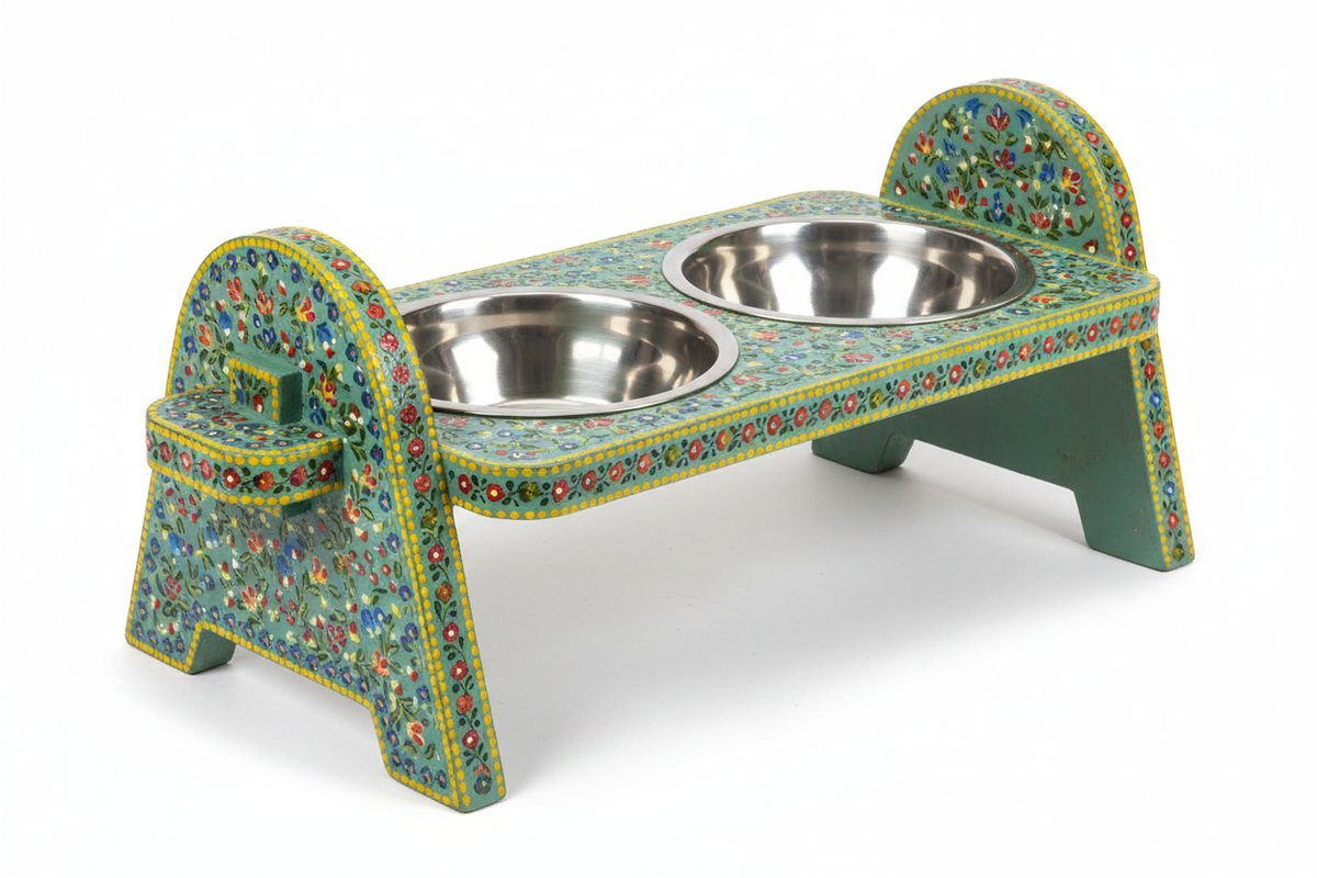 Sage teal arch-leg Rajasthani dog bowl stand 3/4 front angle on white background