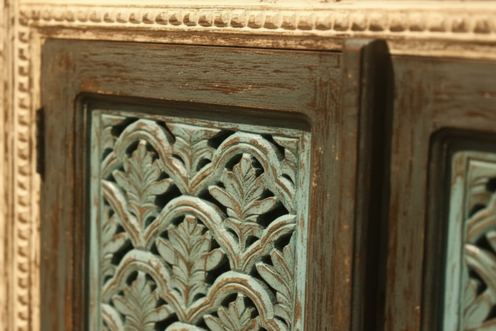 Close-up of hand-carved fan-and-palmette acanthus leaf pattern on teal cabinet door