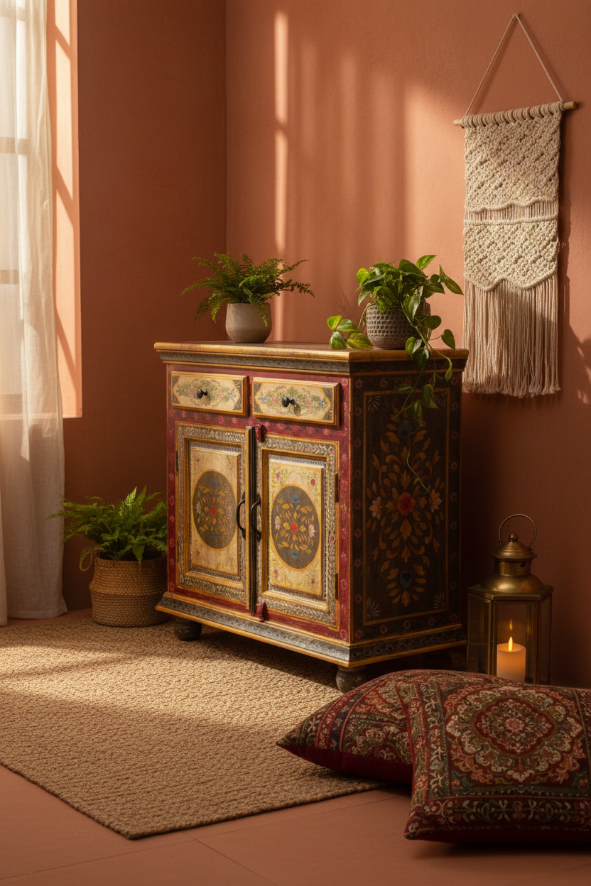Hand-painted Rajasthani mandala sideboard – left angle in bohemian room