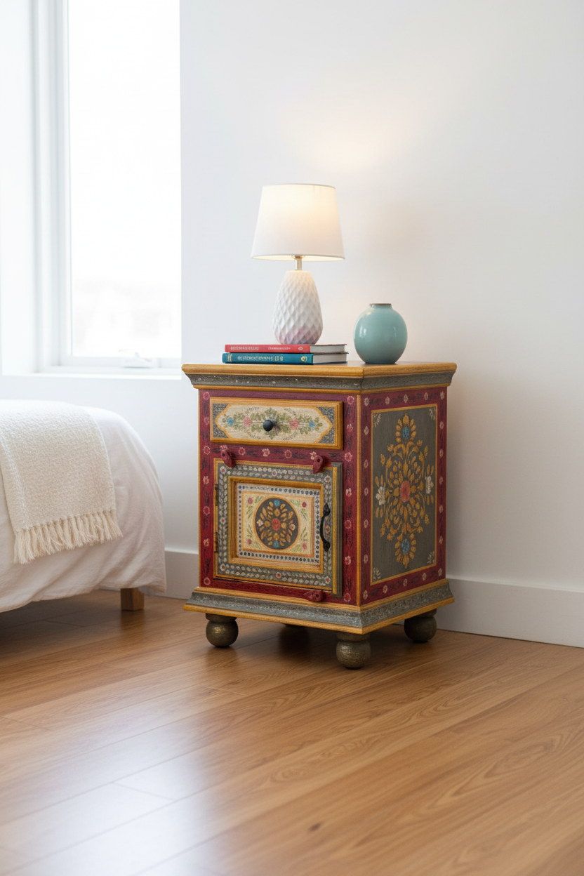 Single hand-painted Rajasthani crimson and gold bedside table – right angle styled with lamp
